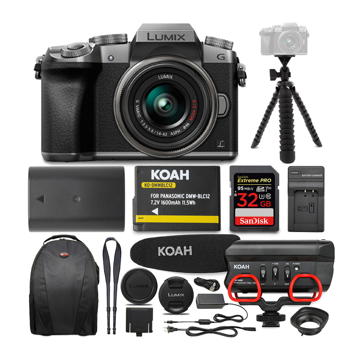 Panasonic LUMIX G7 Mirrorless Camera (Silver) with 14-42mm Lens and Koah Mic Bundle