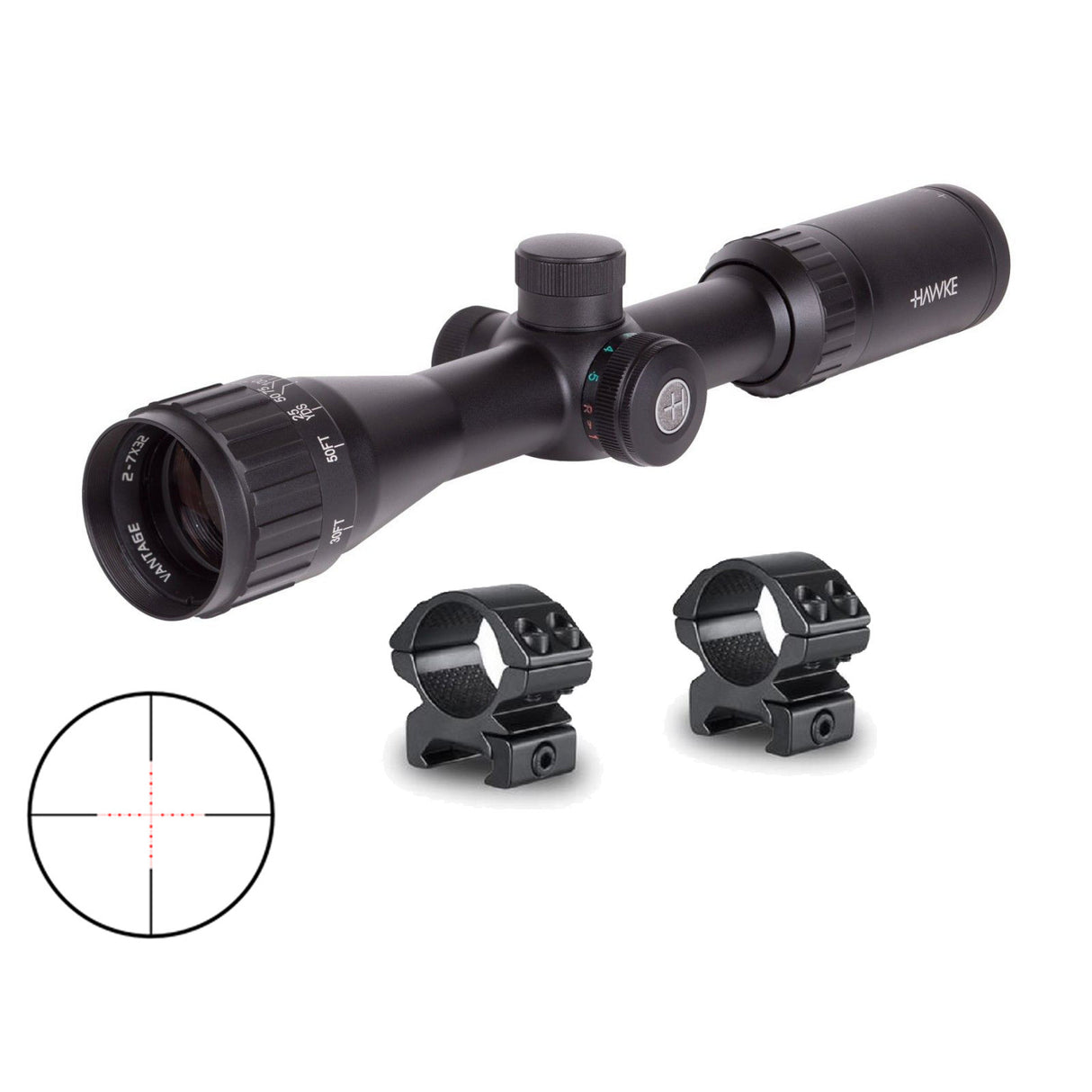 Hawke Sport Optics Riflescope Vantage 2-7X32AO Mil Dot IR & 2Pc Mounting Rings