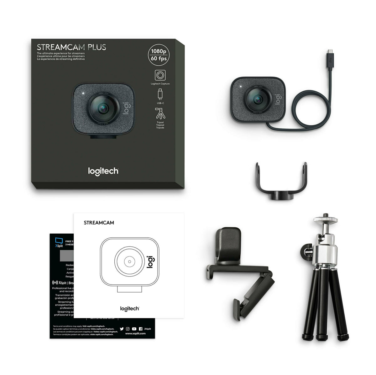 Logitech StreamCam Plus Webcam with Tripod and Yeti Blackout Mic and 4-Port USB Hub