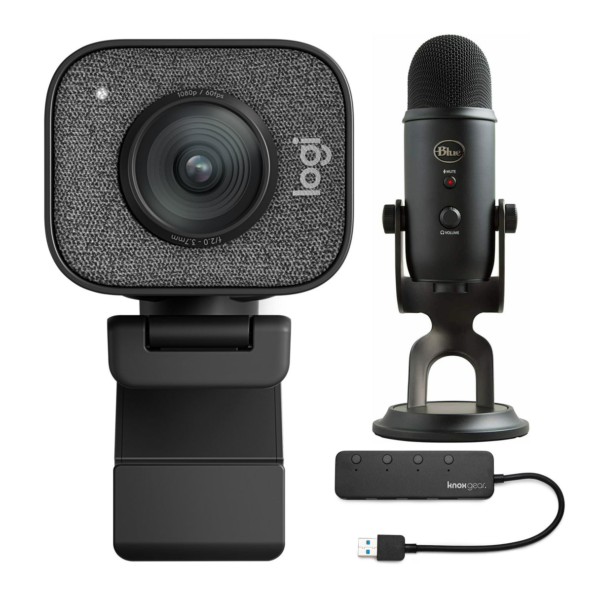 Logitech StreamCam Plus Webcam with Tripod and Yeti Blackout Mic and 4-Port USB Hub