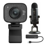 Logitech StreamCam Plus Webcam with Tripod and Yeti Blackout Mic and 4-Port USB Hub