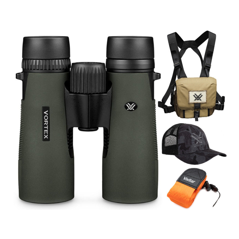 Vortex 10x42 Diamondback HD Roof Prism Binoculars with Harness Case, Cap and Floating Strap Bundle