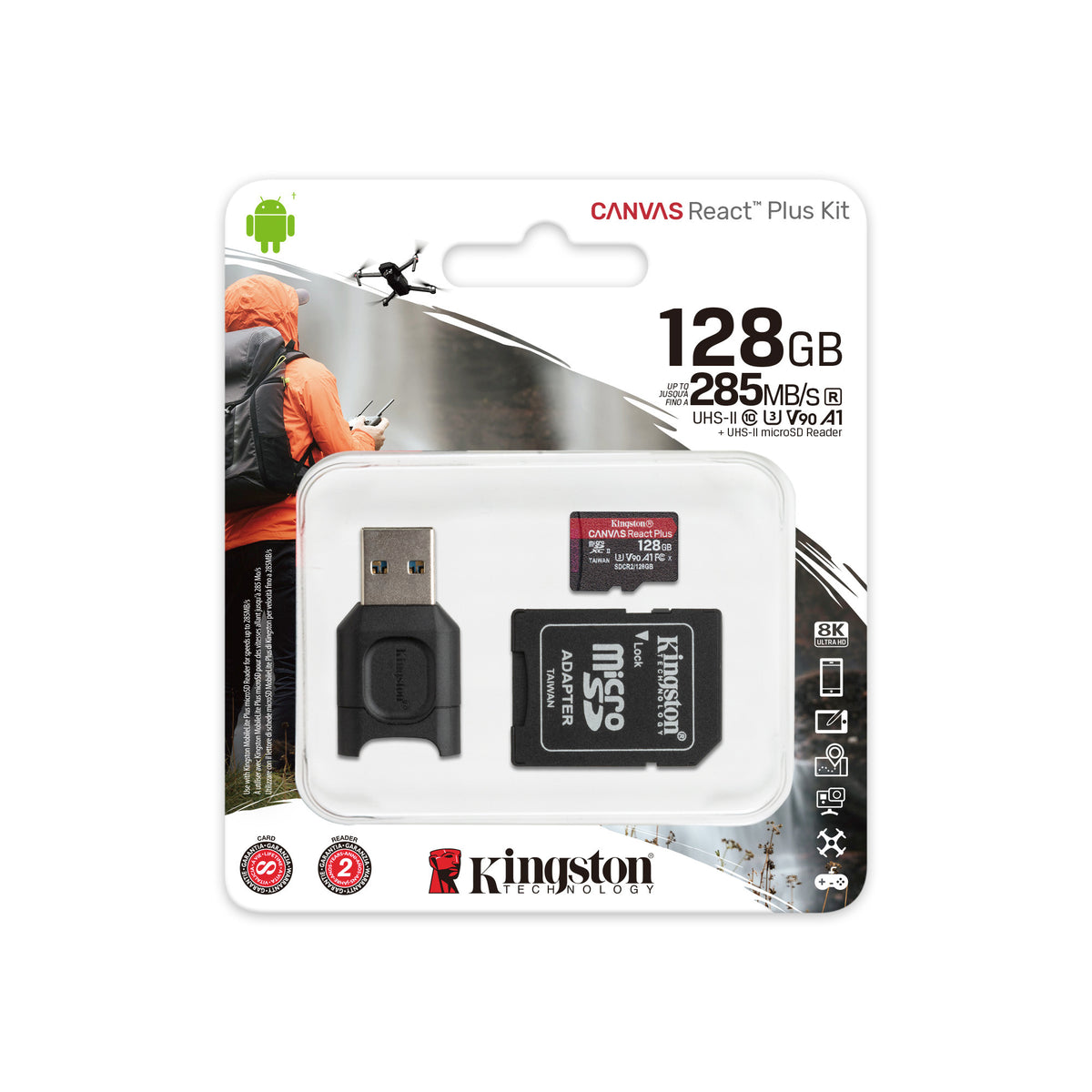 Kingston 128GB Canvas React Plus V90 UHS-II MicroSDXC Card with Reader (2-Pack) and Memory Case