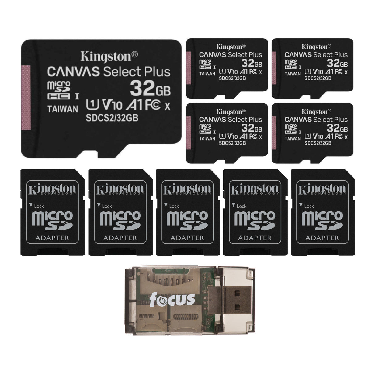 Kingston Canvas Select Plus 32GB UHS-I microSDHC Memory Card with SD Adapter (5-Pack), Card Reader