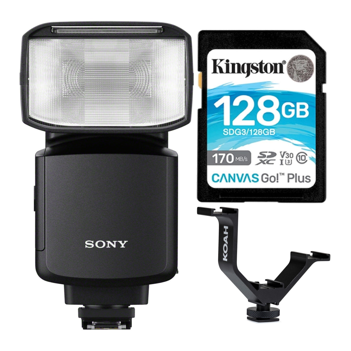 Sony HVL-F60RM2 Wireless Radio Flash with Kingston 128GB SD Card and Koah Triple Shoe Bracket