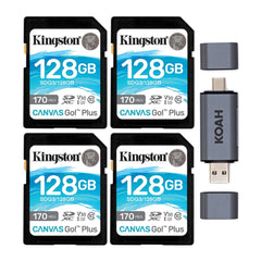 Kingston 128GB SDXC Canvas Go Plus 170MB/s Read Memory Card (4-Pack) with Koah SD Card Reader