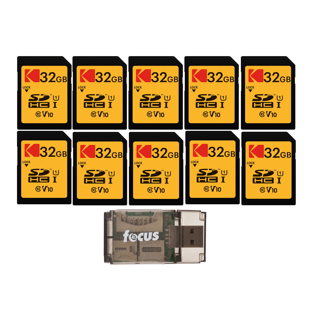 Kodak 32GB Class 10 UHS-I U1 SDHC Memory Card (10-Pack) with Focus High-Speed USB 2.0 Card Reader