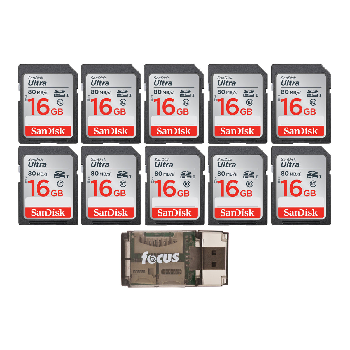 SanDisk Ultra 16GB Class SD Memory Card (10-Pack) with Focus All-In-One High Speed USB Reader