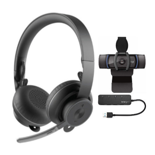 Logitech Zone 900 Wireless  Bluetooth Headset Bundle with C920S Pro HD Webcam and 4-Port USB 3.0 Hub