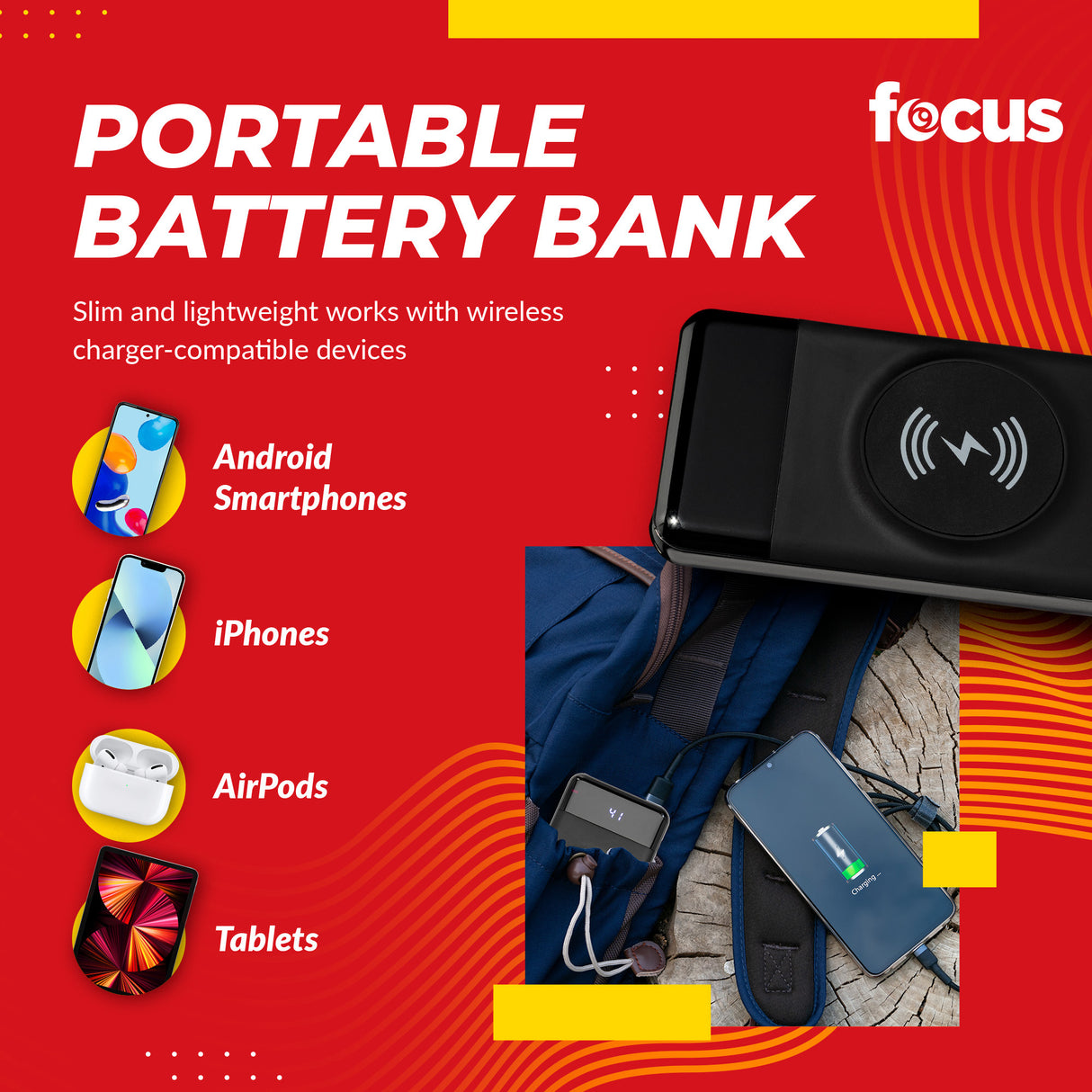 Focus 10,000mAh Ultra Portable LED Display Wireless Quick Charge Battery Bank