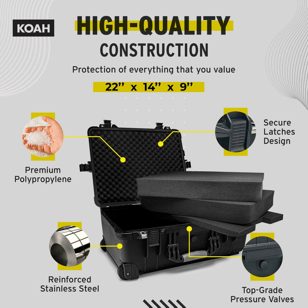 Koah Weatherproof Wheeled Hard Case with Customizable Foam (22 x 14 x 9 Inch)