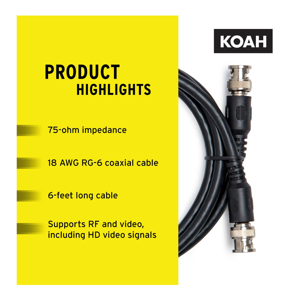 Koah Pro 3G-SDI BNC Male to BNC Male Video Cable, 6 Feet Coaxial Cable (Open Box)