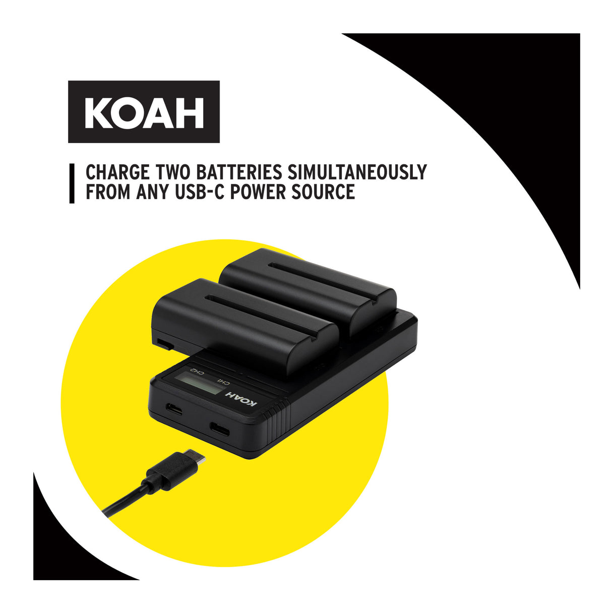 Koah 2-Pack Rechargeable 3350mAh Batteries and Dual USB-C LCD Charger for Sony NP-F570