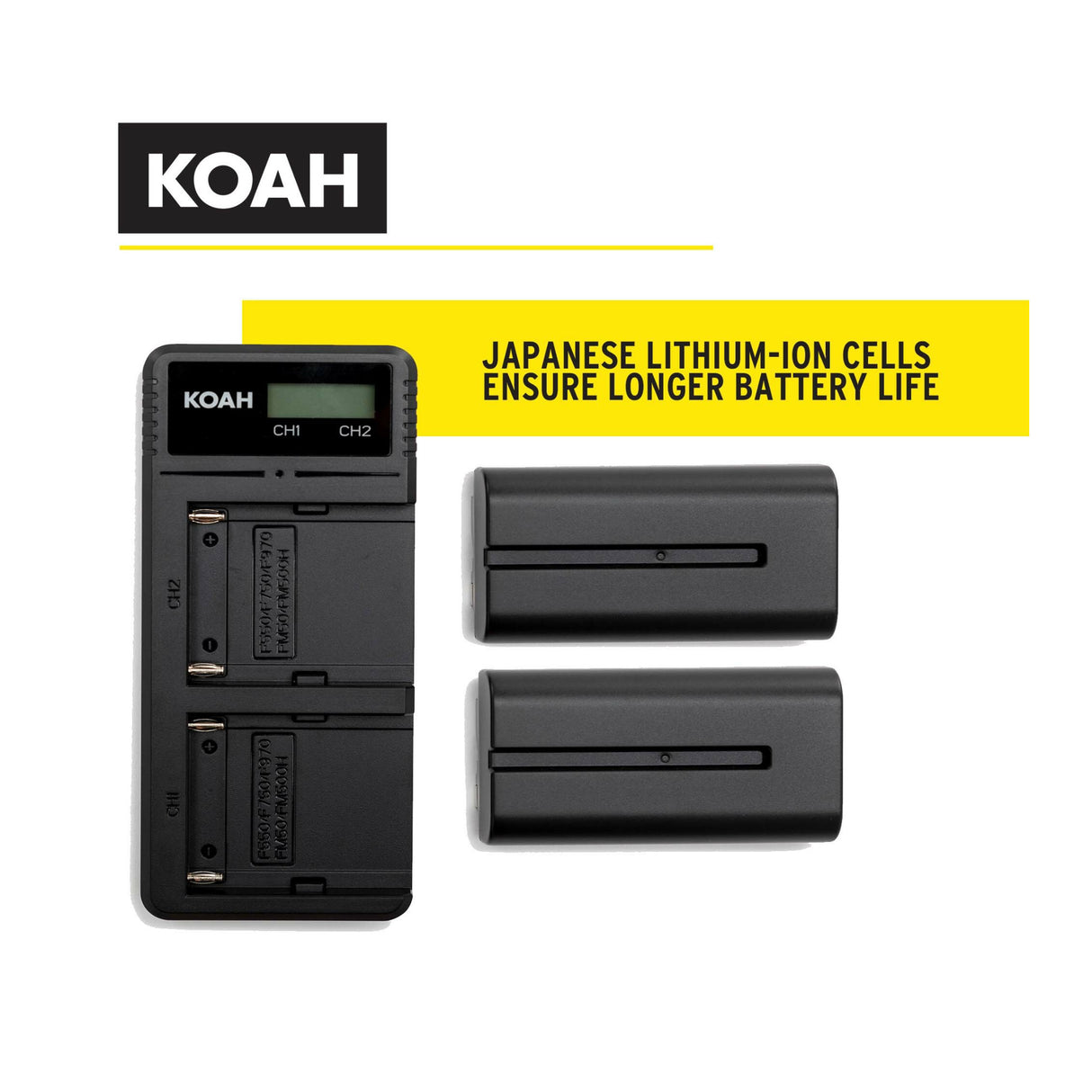 Koah 2-Pack Rechargeable 3350mAh Batteries and Dual USB-C LCD Charger for Sony NP-F570