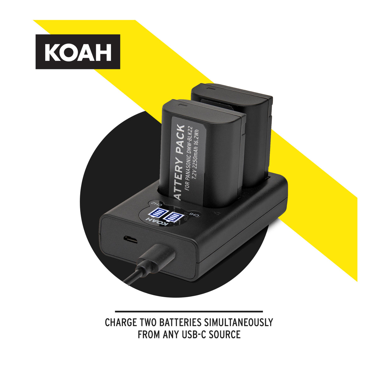 Koah 2-Pack Rechargeable 2250mAh Batteries and Dual USB-C LCD Charger for Panasonic DMW-BLK22