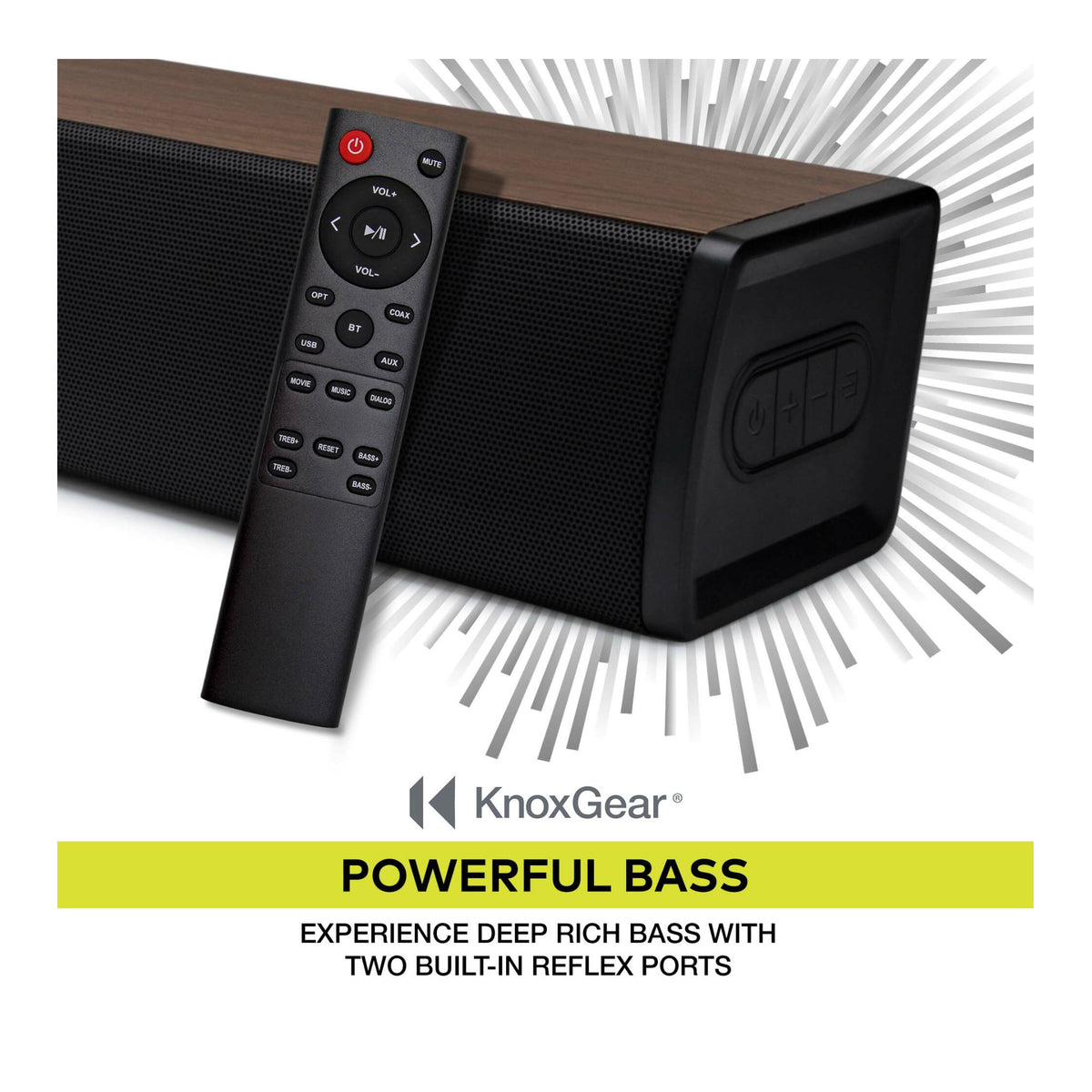 Knox Gear 60-Watt Compact Wireless 2.0ch Soundbar with Bluetooth 5.0 (Black/Oak)