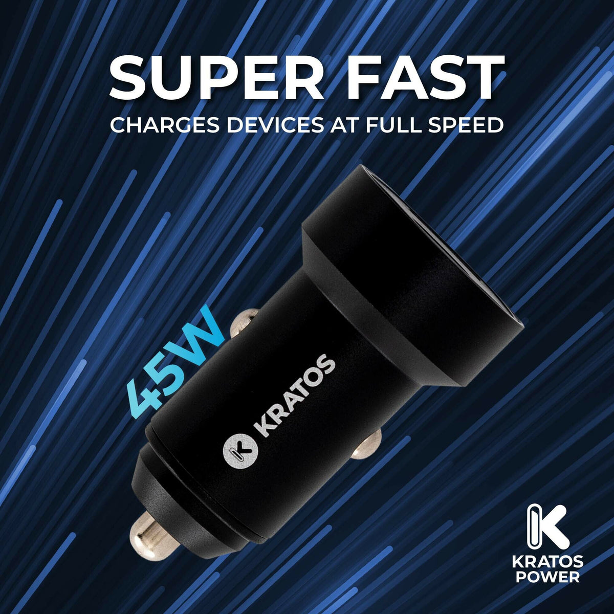 Kratos Power 45W 2-Port Digital Display USB-A 45W QC3.0 & Type-C 45W Car Charger (Open Box)