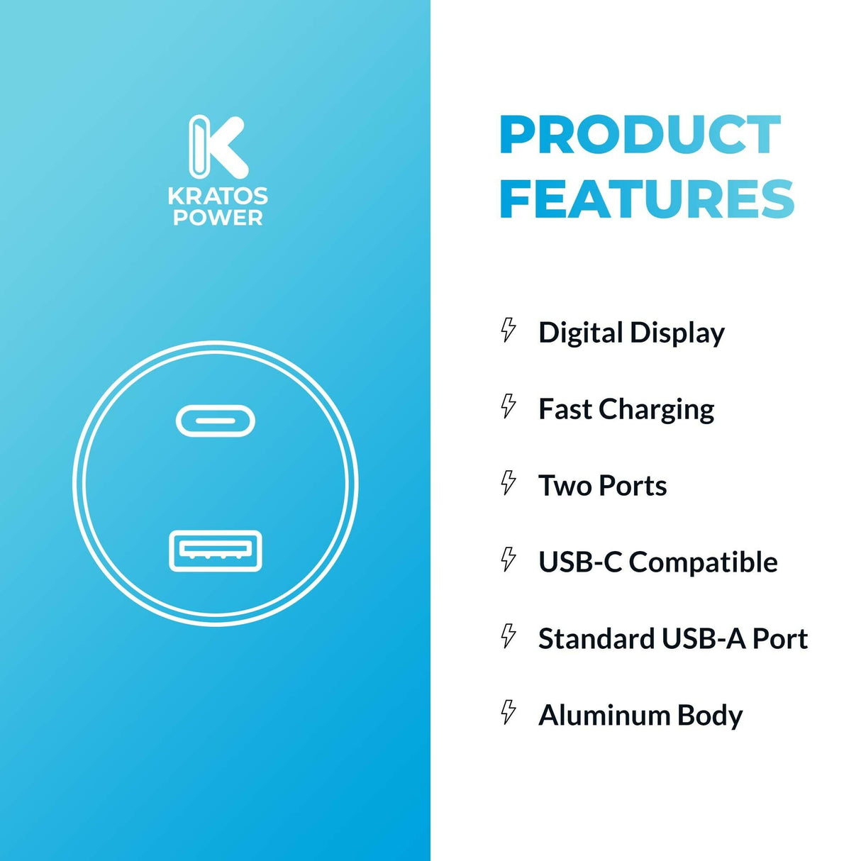Kratos Power 45W 2-Port Digital Display USB-A 45W QC3.0 and Type-C 45W PD3.0 Car Charger