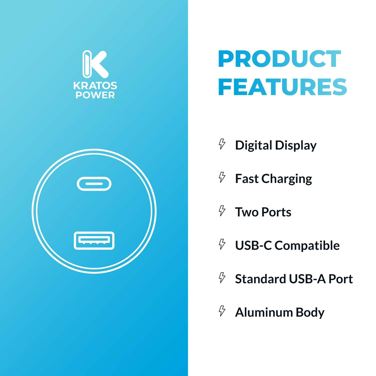 Kratos Power 45W 2-Port Digital Display USB-A 45W QC3.0 & Type-C 45W Car Charger (Open Box)