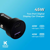 Kratos Power 45W 2-Port Digital Display USB-A 45W QC3.0 and Type-C 45W PD3.0 Car Charger
