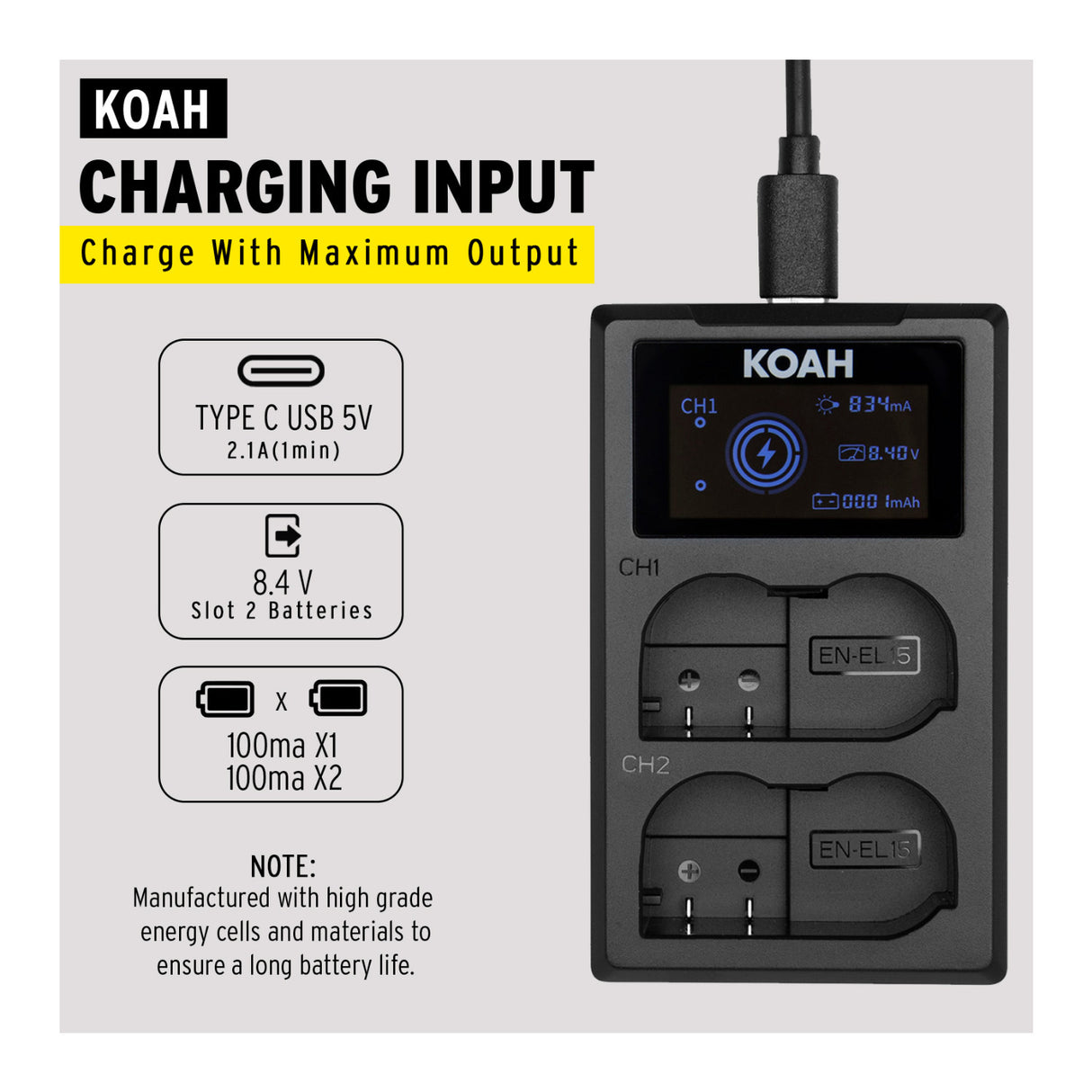 Koah Dual USB-C Charger with LCD Display for Nikon EN-EL15 Battery