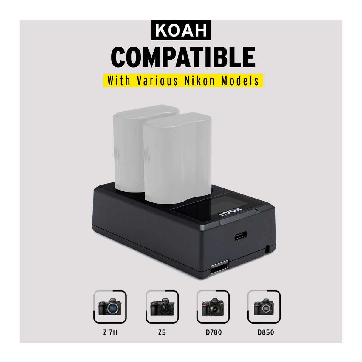 Koah Dual USB-C Charger with LCD Display for Nikon EN-EL15 Battery