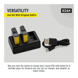 Koah Battery (2-Pack) and Triple USB Charger for GoPro HERO7 Black, HERO6 Black, HERO5 Black