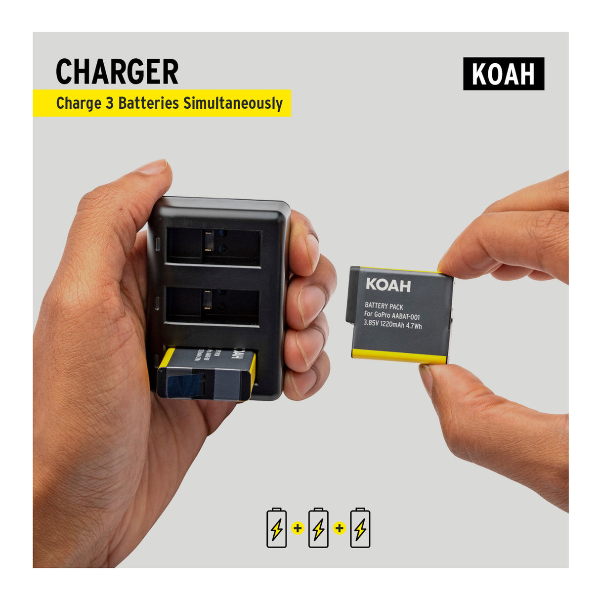 Koah Battery (2-Pack) and Triple USB Charger for GoPro HERO7 Black, HERO6 Black, HERO5 Black