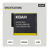 Koah Battery (2-Pack) and Triple USB Charger for GoPro HERO7 Black, HERO6 Black, HERO5 Black