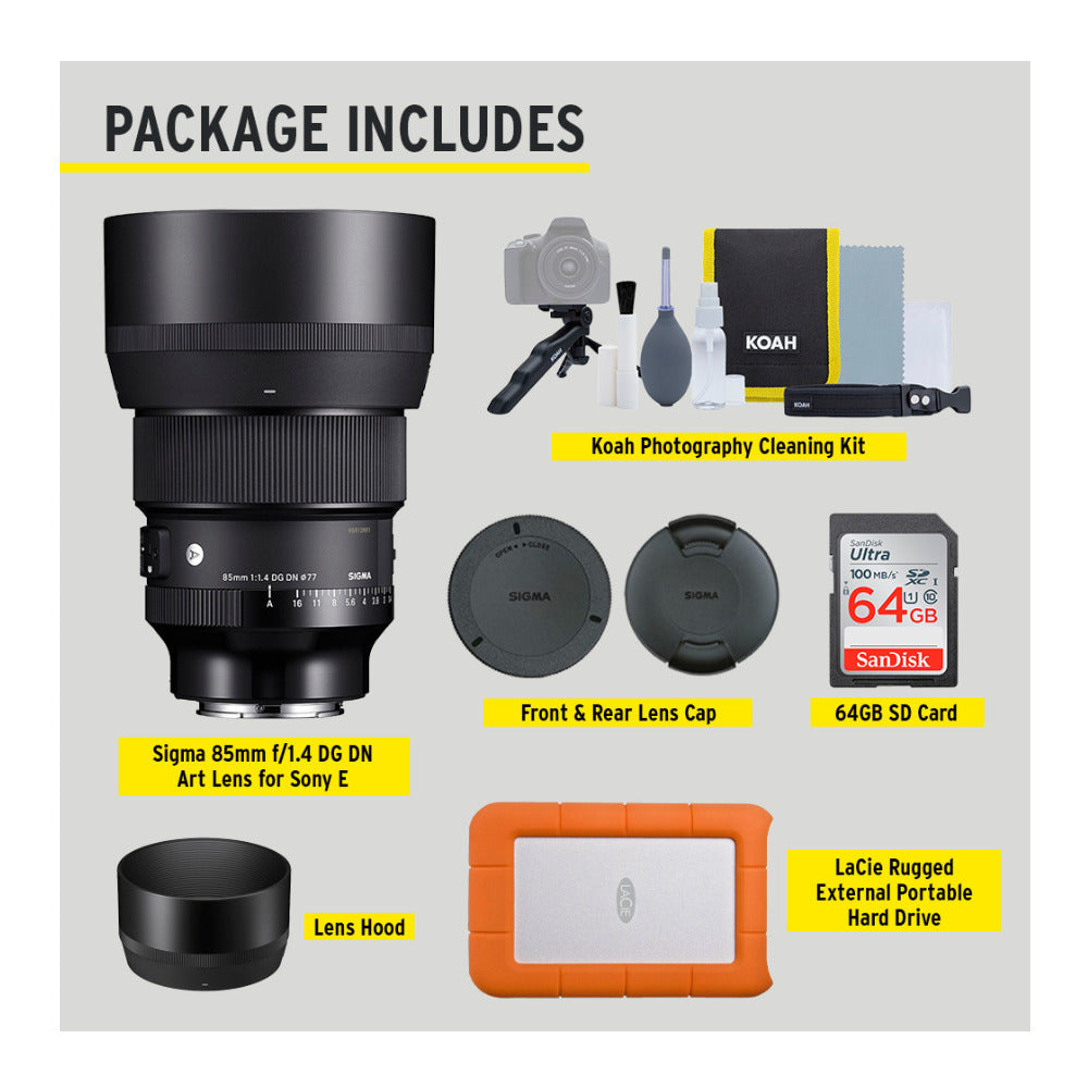 Sigma 85mm f/1.4 DG DN Art Lens for Sony E with LaCie 1TB HDD Bundle