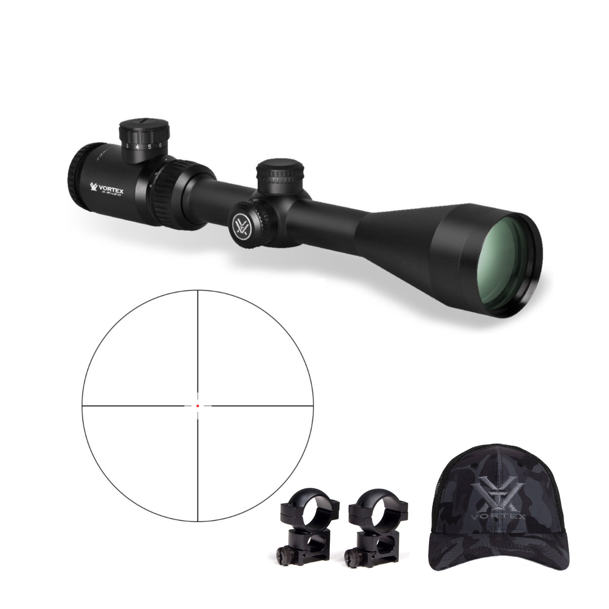 Vortex Crossfire II 3-9x50 Riflescope (V-Brite MOA Reticle) with 1-Inch Riflescope Rings and Hat
