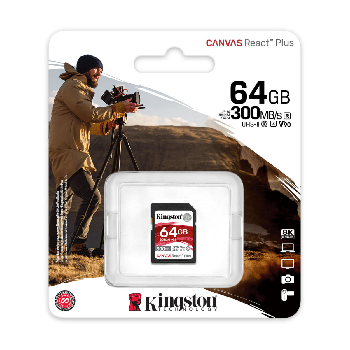 Kingston Canvas React Plus 64GB U3 V90 SD Card (2-pack) with 2-in-1 USB Memory Card Reader Bundle