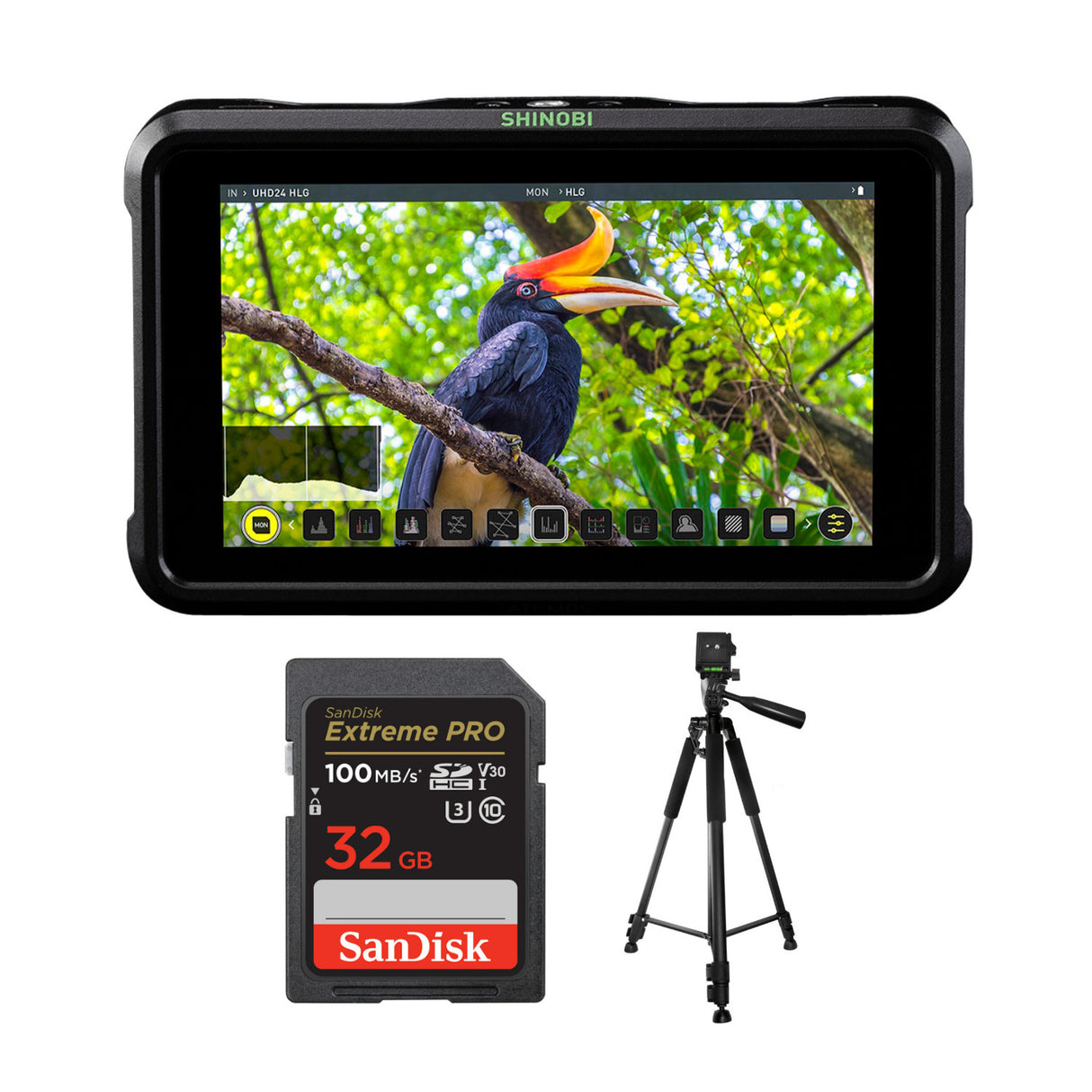Atomos Shinobi 5-Inch HDMI 4K Monitor with 60-Inch Tripod and 32GB Memory Card