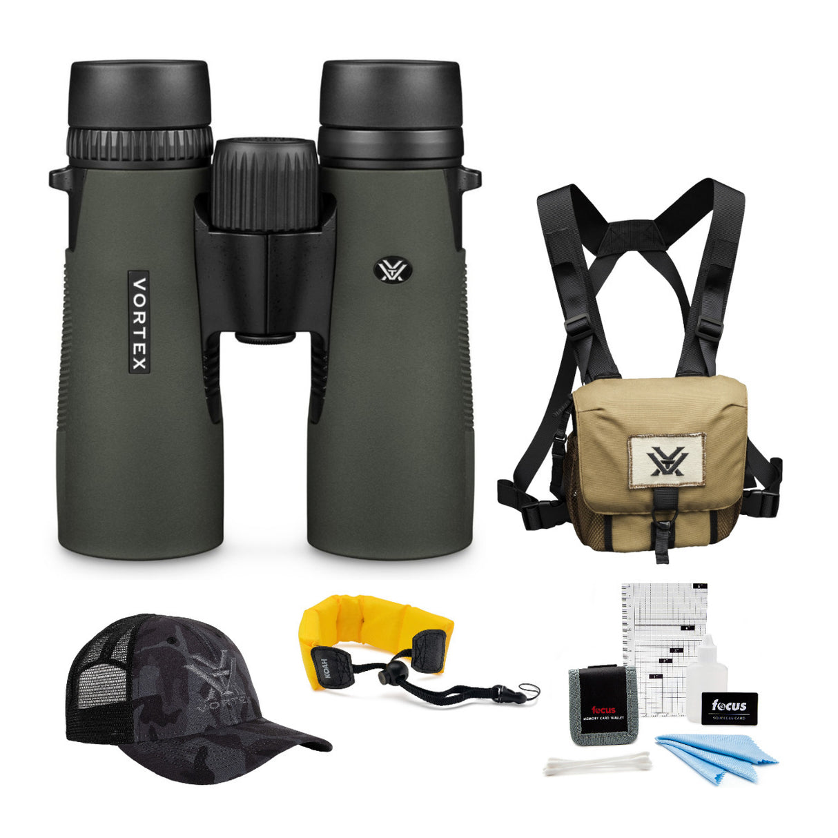 Vortex 10x42 Diamondback Roof Prism Binoculars with Glasspak Harness Case and Accessory Bundle