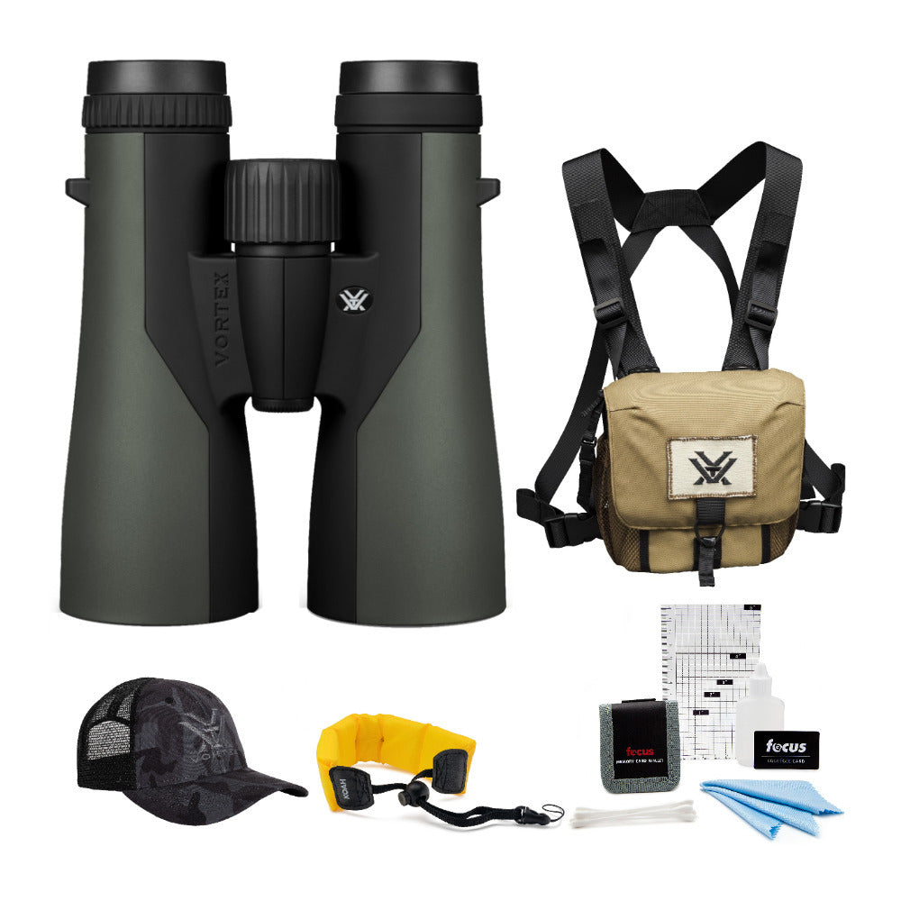Vortex 12x50 Crossfire Roof Prism Binoculars with Glasspak Harness and Accessory Bundle