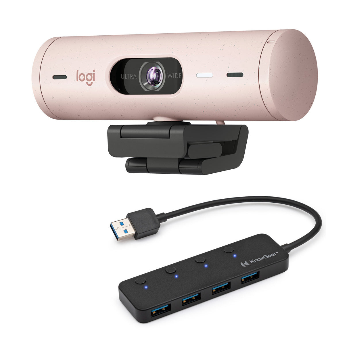 Logitech Brio 500 1080p Full HD Webcam Webcam (Rose) Bundle with 4-Port USB Hub