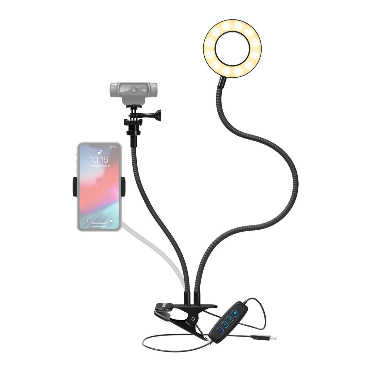 Logitech Brio 500 Webcam with Selfie Ring Light Stand and USB Hub (Rose)