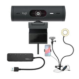 Logitech Brio 500 Webcam with Selfie Ring Light Stand and USB Hub (Graphite)