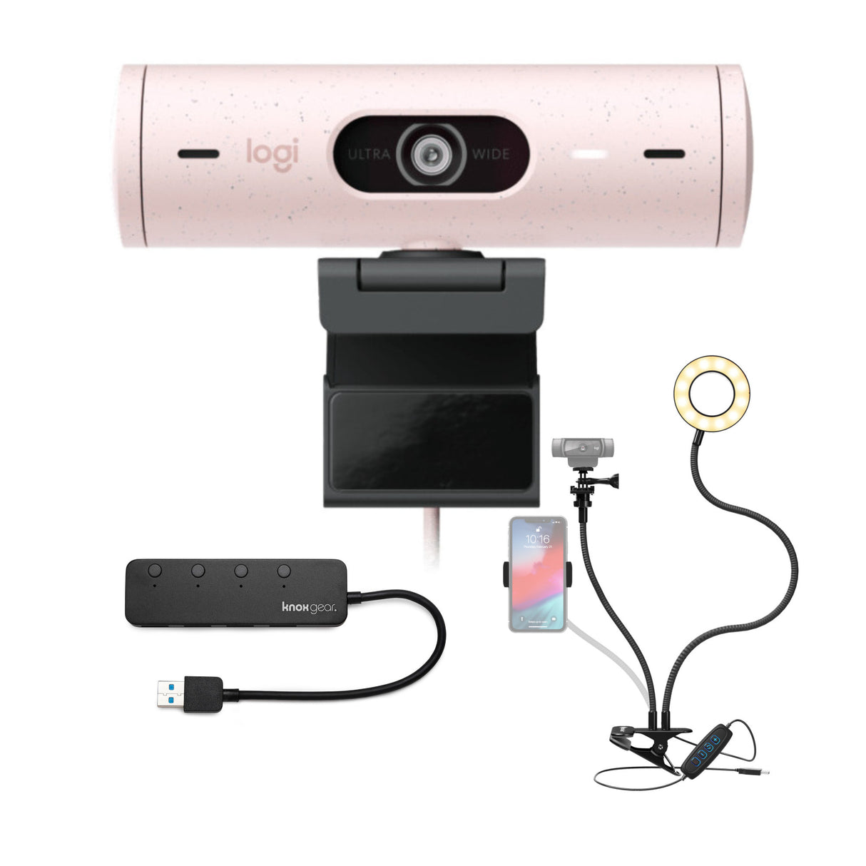 Logitech Brio 500 Webcam with Selfie Ring Light Stand and USB Hub (Rose)