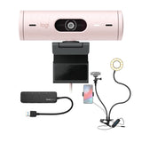 Logitech Brio 500 Webcam with Selfie Ring Light Stand and USB Hub (Rose)
