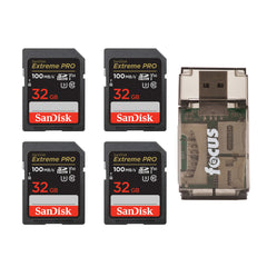 SanDisk 32GB Extreme Pro Memory Card (4-pack) Bundle with All-In-One Card Reader