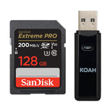 SanDisk 128GB Extreme PRO 200MB/s SDXC UHS-I Memory Card Bundle with 2-in-1 USB Memory Card Reader