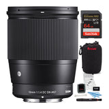 Sigma 16mm f/1.4 DC DN Contemporary Lens for Micro Four Thirds with 64GB Card and Pouch Bundle