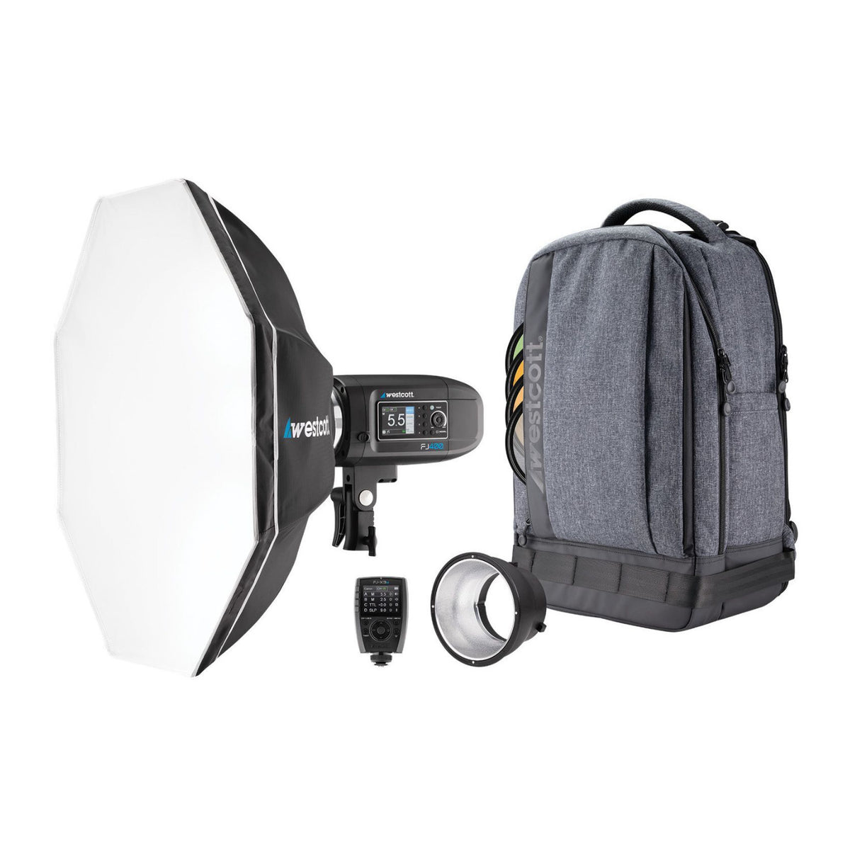 Westcott FJ400 Strobe 1-Light Backpack Kit with FJ-X3 M Wireless Trigger with Backdrop Boards Bundle