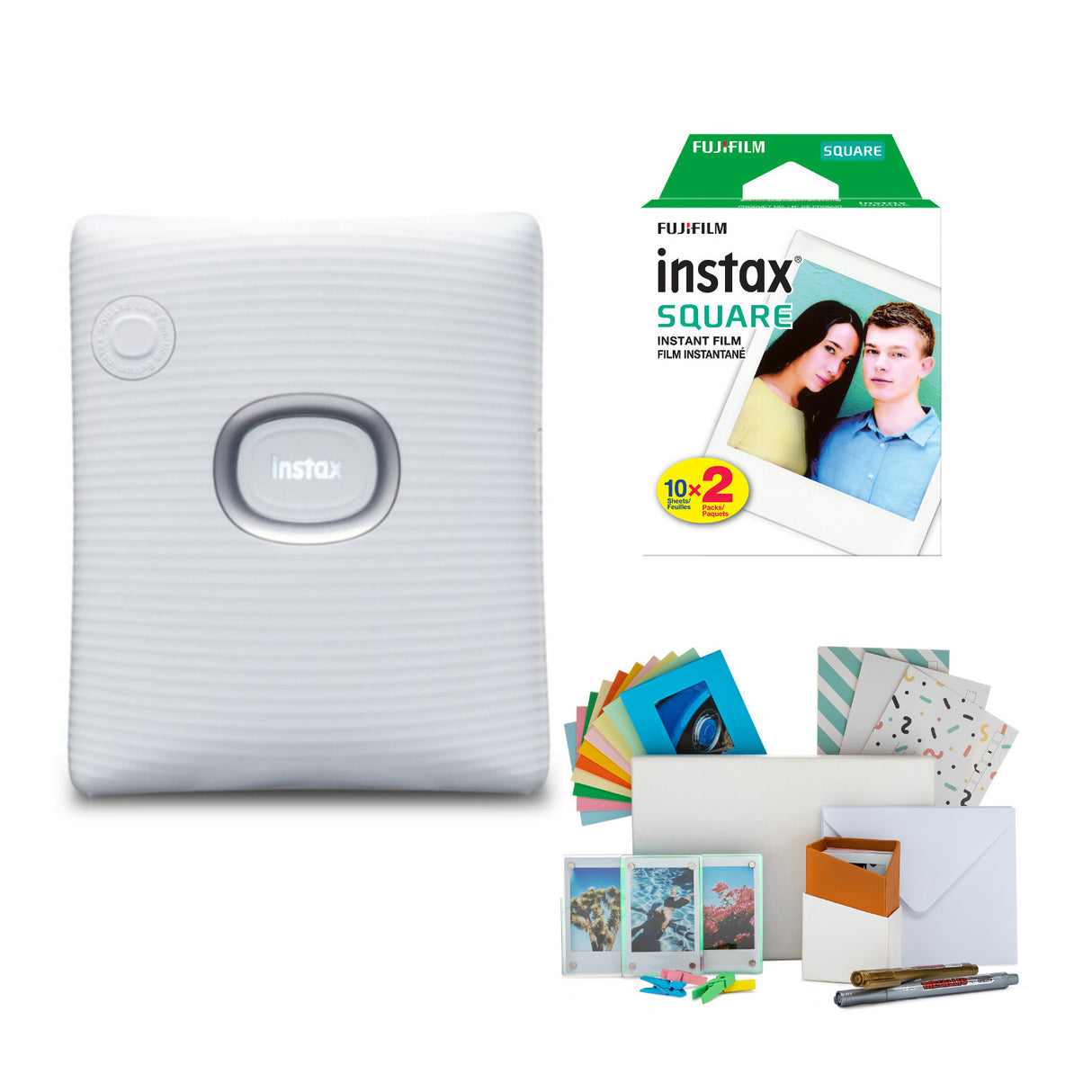 Fujifilm INSTAX Square Link Instant Printer (White) w/Instax Film Kit Bundle