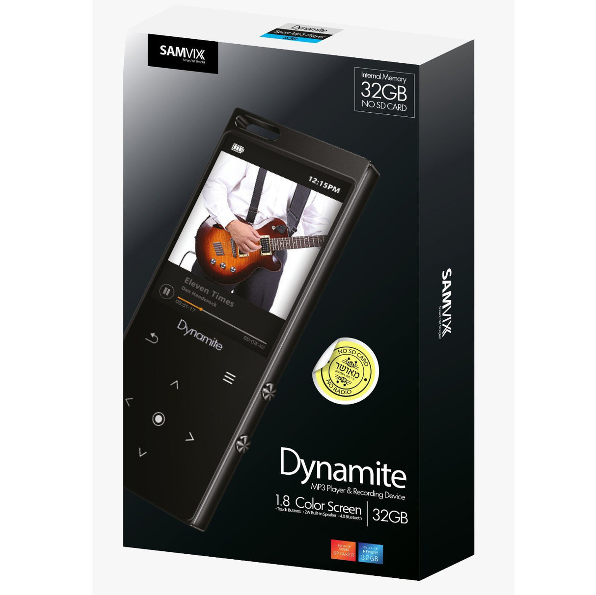 Samvix Dynamite 32GB Kosher MP3 Player with Bluetooth, Touch Buttons, and Voice Recorder (Black)