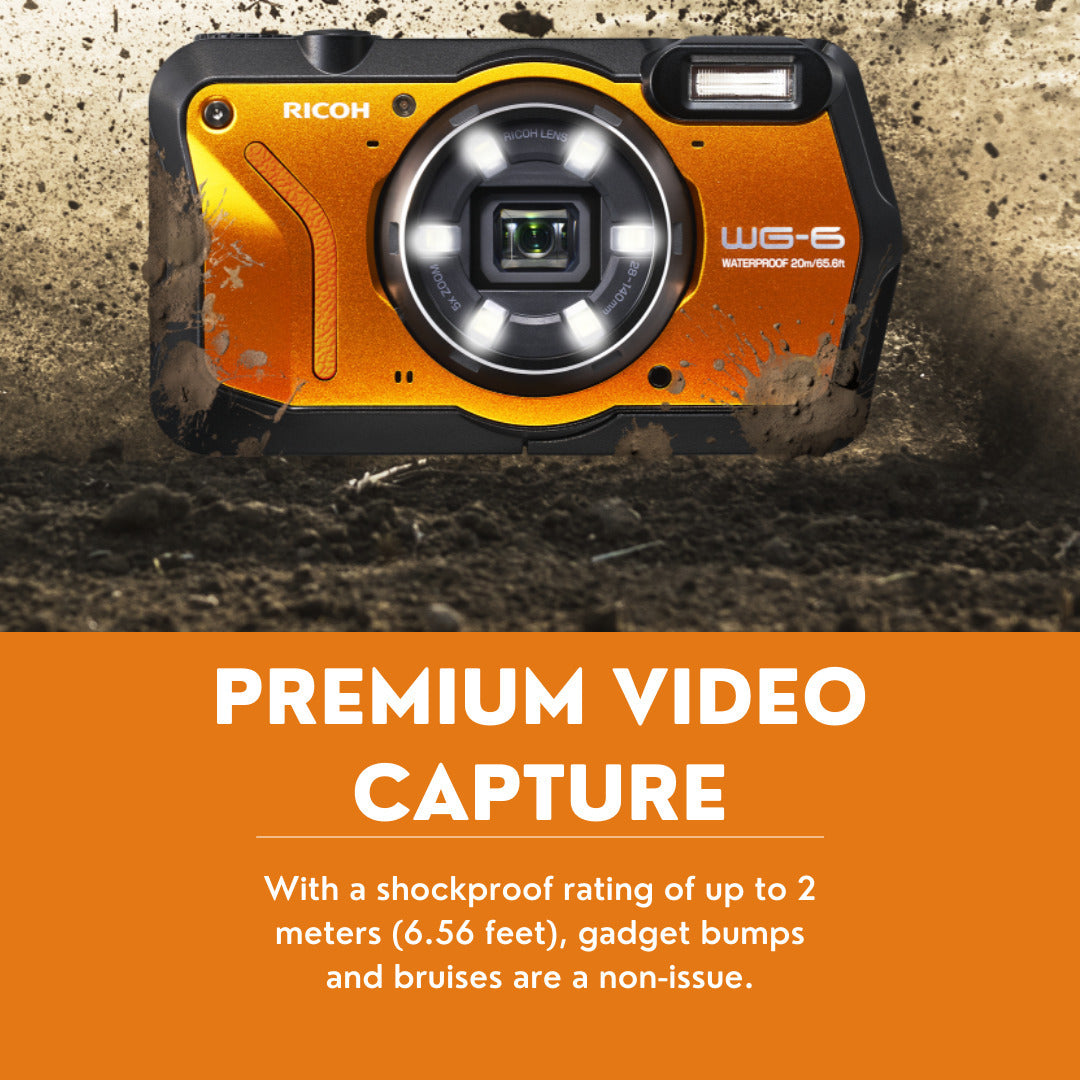Ricoh WG-6 Digital Camera (Orange) with Extra Battery, 64 GB Memory Card, and Accessory Kit