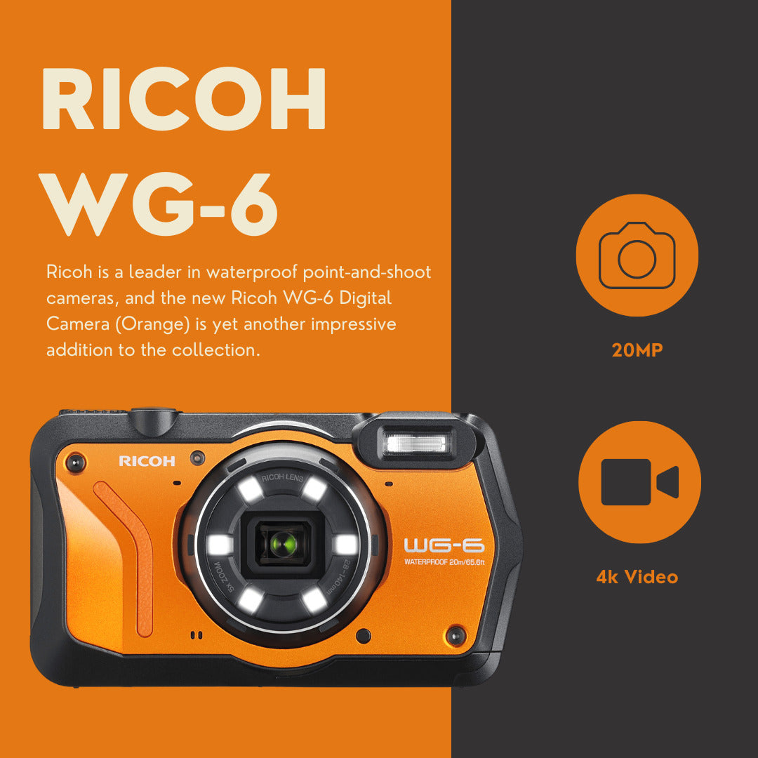 Ricoh WG-6 Digital Camera (Orange) with Extra Battery, 64 GB Memory Card, and Accessory Kit