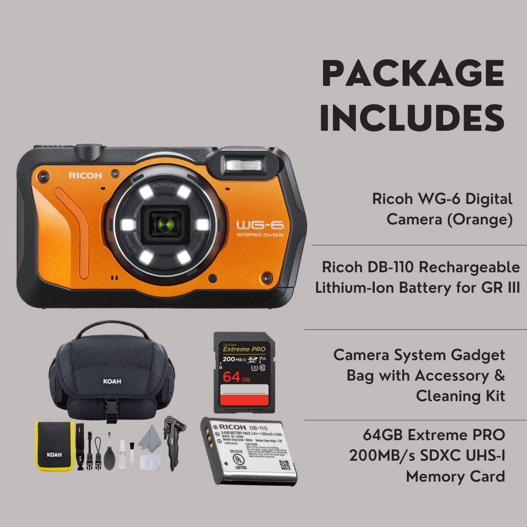 Ricoh WG-6 Digital Camera (Orange) with Extra Battery, 64 GB Memory Card, and Accessory Kit