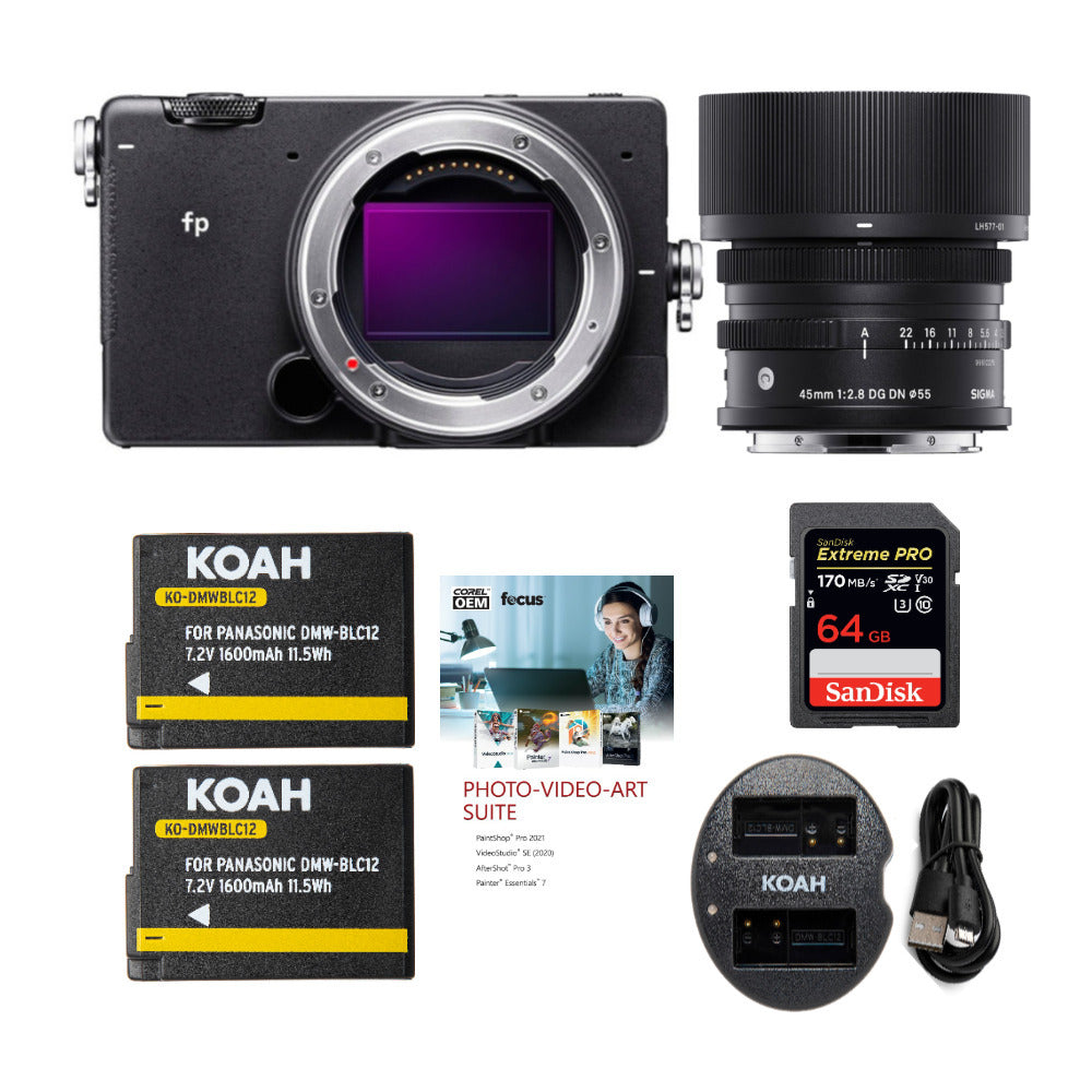 Sigma fp Mirrorless Digital Camera with 45mm Lens, 64 GB Extreme PRO SD Card, Spare Battery and Software Bundle